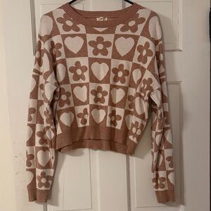 Midi Flower & Heart Pattern Crewneck Sweater - Beige & White